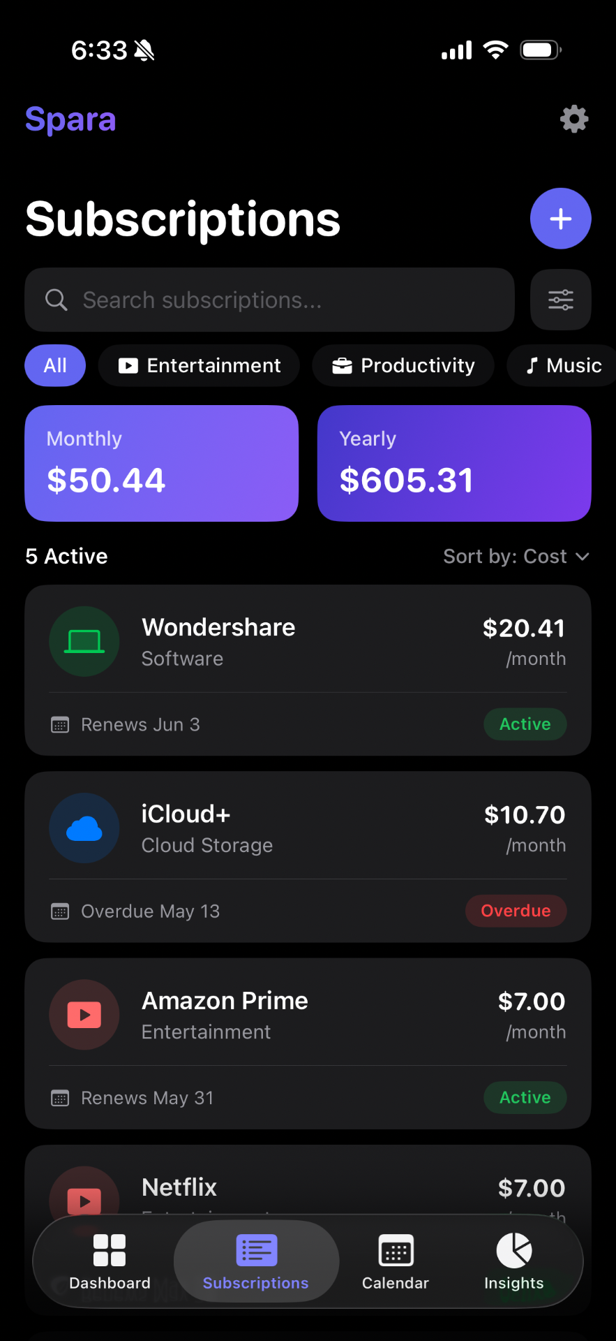 Spara app dashboard showing tracked subscriptions and monthly spending
